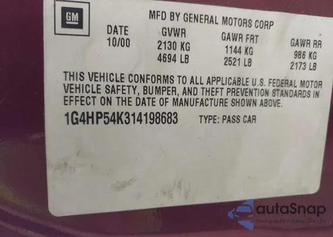 2001 Buick Lesabre Custom z USA, uszkodzony, nr VIN 1G4HP54K314198683